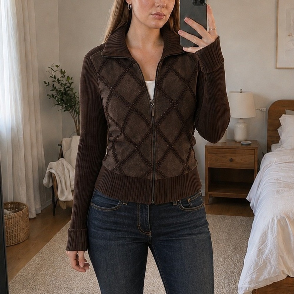 VTG White Stag Womens Jacket Size L Brown Suede Argyle Zip Front Long Sleeve Y2K